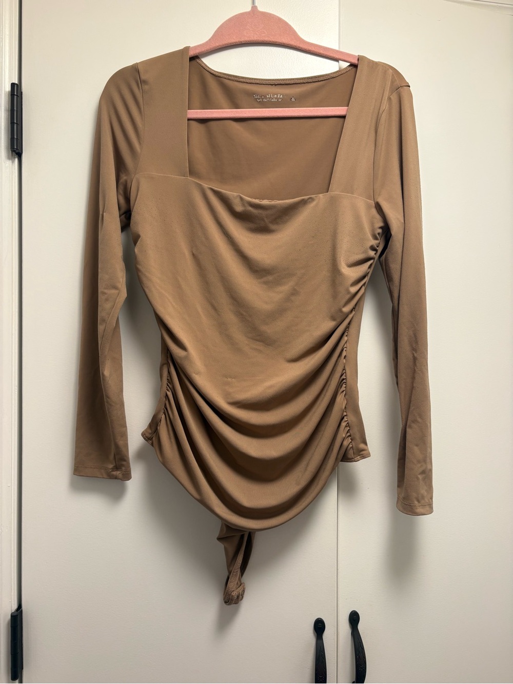 Abercrombie & Fitch Tan Long Sleeve Ruched Square Neck Bodysuit